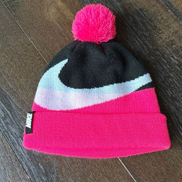 Nike youth beanie pom toboggan pink black white snow winter ski sled - Picture 1 of 7